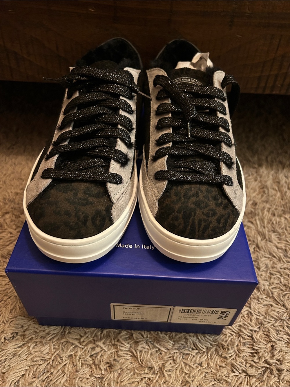 P448 Women’s Low-Top Sneakers in Black and Gray with Subtle Animal Print
